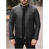 Baselco Erkek Slim Fit Siyah Suni Deri Ceket Dik Yaka Çift Cepli Günlük Stil - XL