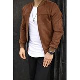 Baselco Erkek Taba Süet Kolej Ceket Slim Fit Uzun Kol Bomber Yaka Günlük Stil - Kahverengi - 2XL