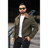 Baselco Kadife Yakalı Trucker Model Ceket Erkek Slim Fit Haki Suni Deri Rahat Kullanım - 2XL