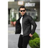 Baselco Premium Örme Triko Kol Dik Yaka Süet Ceket Erkek Slim Fit Suni Deri Şık Tasarım - Siyah Karbon - XL