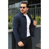 Baselco Slim Fit Polo Yaka Düğmeli Mevsimlik Ceket Erkek Suni Deri Lacivert Rahat Tasarım