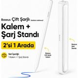 BASEUSONLINE Baseus Smooth Writing 2 Çift Şarjlı (Kablolu-Kablosuz) Şarjlı iPad Kalemi + Manyetik Şarj Standı 2'si 1 Arada Set - Avuç Içi Reddi, Eğim Hassasiyeti Palm Rejection - Beyaz