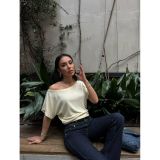 BASIC BELDEN OTURAN DÜŞÜK OMUZ KISA KOLLU YUMUŞAK PAMUK BLUZ (M)