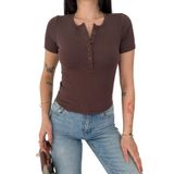 Basic Düğmeli Ribana Bluz – Brown Henley, kahverengi, s
