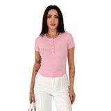 Basic Düğmeli Ribana Bluz – Brown Henley, pembe, l