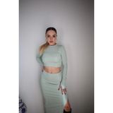 Basic Düz Renk Maxi Etek Crop Kazak Takım - Yeşil