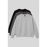 Basic Oversıze O Yaka 3lü Paket Siyah-Koyu Gri- Taş Kadın Sweatshirt - 97053