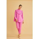 Basicpark Jade Süs Dikişli Ve Düğmeli Fırfır Yaka Keten Pembe Tunik Pantolon Takım