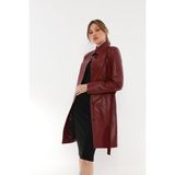 Basics&More B3034 Kuşaklı Düğmeli Bordo Kadın Deri Ceket