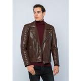 Basics&More Erkek Motorcu Hakiki Deri Ceket - 6735 Çay Rengi L