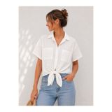 Basics&More Kadın Beyaz Keten Görünümlü Çift Cepli Kısa Kollu Oversize Gömlek