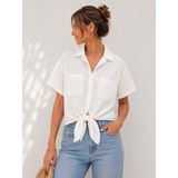 Basics&More Kadın Beyaz Keten Görünümlü Çift Cepli Kısa Kollu Oversize Gömlek