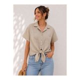 Basics&More Kadın Taş Keten Görünümlü Çift Cepli Kısa Kollu Oversize Gömlek