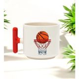 Basketbol Potası Tasarımlı Kırmızı T Kulplu Seramik Baskılı Kupa Bardak 250 ml - 010 - Beyaz