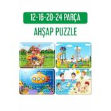Baskı Atölyesi Çiftçi Çocuk Ve At Arabası, Oyun Parkı, Deniz Ve Tatil, Denizaltı Ahşap Puzzle Seti