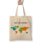 Baskı Dükkanı Explore The World Bez Uzun Saplı Krem Rengi Çanta