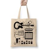 Baskı Dükkanı Gitar Amfi Gitarist Pedal Kedi Bez Uzun Saplı Krem Rengi Çanta