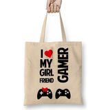 Baskı Dükkanı I Love My Girl Friends Gamer Bez Uzun Saplı Krem Rengi Çanta
