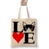 Baskı Dükkanı I Lowe Kedi Seni Seviyorum Kedi Bez Uzun Saplı Krem Rengi Çanta
