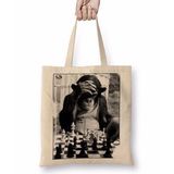 Baskı Dükkanı Monkey Chess Maymun Santranç Bez Uzun Saplı Krem Rengi Çanta