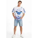Baskılı Erkek Günlük Stil Beyaz Asit Yıkamalı Mavi Kelebek Dijital Print Bisiklet Yaka Streetwear Tişört Oversize Tişört