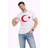 Baskılı Erkek Günlük Stil Beyaz Kısa Kol Bisiklet Yaka Ay Yıldız Bayrak Tişört