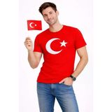 Baskılı Erkek Günlük Stil Kırmızı Kısa Kol Bisiklet Yaka Ay Yıldız Bayrak Tişört