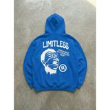 Baskılı Erkek Saks Mavisi Premium Üç İplik İçi Pamuklu Kanguru Cepli Kapüşonlu Sweatshirt