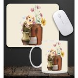 Baskılı Kupa & Bej Renk Köpek Ve Çiçek Motifli Mouse Pad 23x19cm Fare Altlığı Kaydırmaz Taban De590