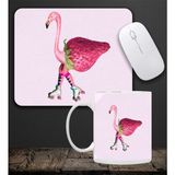 Baskılı Kupa & Pembe Çilekli Flamingo Motifli Mouse Pad 23x19cm Fare Altlığı Kaydırmaz Taban De586 O