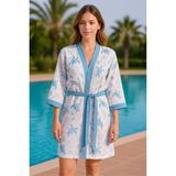 Baskılı Müslin Kimono Bornoz – Unisex | %100 Pamuk Yumuşacık 2 Katlı Doğal Kumaş - ZTMBB10 - L - XL - Mavi