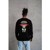 Baskılı Oversize Bisiklet Yaka Unisex Sweatshirt Siyah