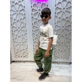 Baskılı Tişört Lv Paçaları Lastikli Pantolon ve Çanta 3'lü Alt Üst Takım Unisex Kız ve Erkek Çocuk - Yeşil - 6 Yaş