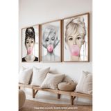 Basquiart Hepburn, Monroe, Bardot Temalı 3'lü Ahşap Çerçeveli Poster, Tablo Seti No:28 Ahşap 21 x 30