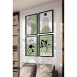 Basquiart Yeşil Bohem Dekor Temalı 4'lü Siyah Çerçeveli Poster, Tablo Seti No:8 Siyah 21 x 30