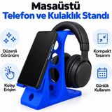 Bastık 3D 2’si 1 Arada Masaüstü Telefon ve Kulaklık Standı – Telefon Tutucu, Kulaklık Askısı, Masa Düzenleyici Stand - Mavi