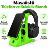 Bastık 3D 2’si 1 Arada Masaüstü Telefon ve Kulaklık Standı – Telefon Tutucu, Kulaklık Askısı, Masa Düzenleyici Stand - Yeşil