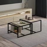 Batı 2’li Modern Orta Sehpa Takımı – Metal Ayaklı, Alt Raflı, Traverten