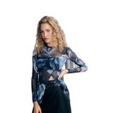 Batik Desenli Asimetrik Tül Bluz Lacivert