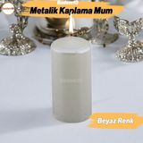 Baton Mum Metalik Kaplama Beyaz Silindir Dekoratif Mumu Kandil Mumlar Şamdan Kokusuz 8 cm - Antik Beyaz - 1 Adet