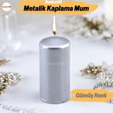 Baton Mum Metalik Kaplama Gümüş Silindir Dekoratif Mumu Kandil Mumlar Şamdan Kokusuz 8 cm - Gümüş Eskitme - 1 Adet