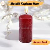 Baton Mum Metalik Kaplama Kırmızı Silindir Dekoratif Mumu Kandil Hediyelik Mumlar Şamdan Kokusuz 8cm