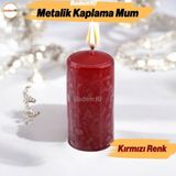 Baton Mum Metalik Kaplama Kırmızı Silindir Dekoratif Mumu Kandil Mumlar Şamdan Kokusuz 8 cm - Ateş Kırmızısı - 1 Adet