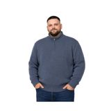 BattalModa Erkek Büyük Beden İndigo Hattush Fermuarlı Dik Yaka Triko Kazak 3XL-4XL-5XL-6XL