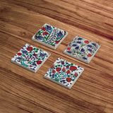 Baum Atelier Çini Desen, Mavi Karanfil Tile Desen Doğal Taş Traverten Bardak Altlığı 4 Lü Set