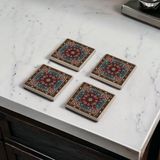 Baum Atelier Etnik Kilim Desen Tile, Çini Desen Doğal Taş Traverten Bardak Altlığı 4 Lü Set