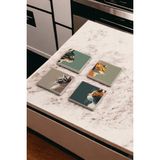 Baum Atelier Illüstrasyon Kedi, Renkli Kedi Temalı Stone Coasters Doğal Taş Traverten Bardak Altlığı 4 Lü Set