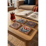 Baum Atelier Istanbul Lale Motif Temalı Tile Desen Doğal Taş Bardak Altlığı Stone Coasters 4 Lü Set