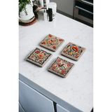 Baum Atelier Kırmızı Floral Tile Desen Temalı Doğal Taş Traverten Bardak Altlığı 4 Lü Set
