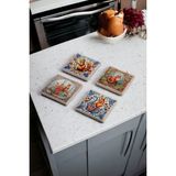 Baum Atelier Mavi Floral Tile Desen, Tilki ve Sincap Temalı Doğal Taş Traverten Bardak Altlığı 4 Lü Set